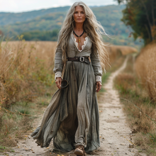 Load image into Gallery viewer, Women's Vintage Pastoral Style V-neck Linen Long-sleeve Maxi Long Dress