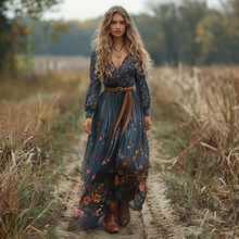 Load image into Gallery viewer, Women's Retro V-neck Floral Long-sleeve Bohemian Pastoral Style Maxi Long Dress
