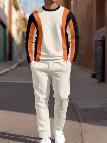 Men's Simple Colorblock Round Neck Casual Sports Set 054