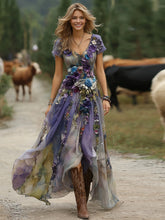 Load image into Gallery viewer, Classy Gradient Purple Lavender And Floral Printed Short Sleeve Maxi Dress