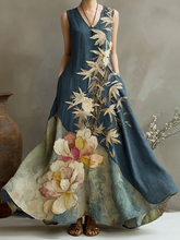 Load image into Gallery viewer, Women's Vintage Floral And Bamboo Art Print Linen Dress