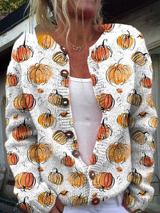 Halloween Watercolor Pumpkin Print Buttoned Cardigan Sweater