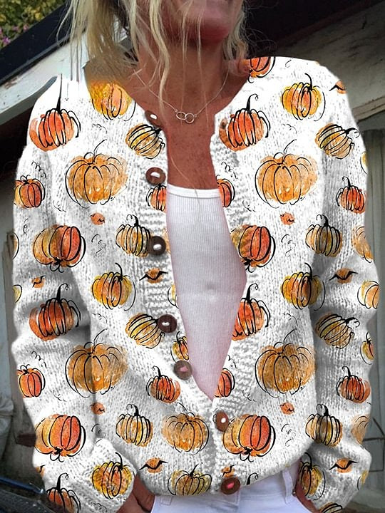 Halloween Watercolor Pumpkin Print Buttoned Cardigan Sweater