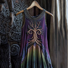 Load image into Gallery viewer, Vintage Viking Celtic Tree Gradient Linen Comfy Midi Dress