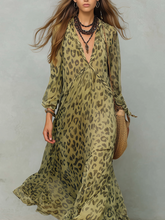 Load image into Gallery viewer, Olive Green Leopard Print Chiffon Long-sleeved Bohemian Dress