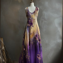 Load image into Gallery viewer, Vintage Purple Floral Embroidered Gradient Linen Maxi Dress