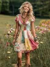 Load image into Gallery viewer, Women's Vintage Floral Patch Art Linen Comfy Midi Dress