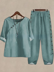 5/4 Sleeved Cotton Linen Top And Pants Two-piece Set