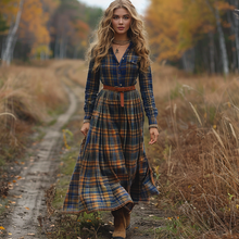 Load image into Gallery viewer, Women's Retro V-neck Plaid Long-sleeve Bohemian Pastoral Style Maxi Long Dress