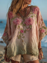 Load image into Gallery viewer, Women's Vintage Rose Gradient Art V Neck Linen Comfy T-shirt