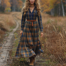 Load image into Gallery viewer, Women's Retro V-neck Plaid Long-sleeve Bohemian Pastoral Style Maxi Long Dress