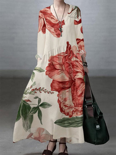 Women's Vintage Floral Design V Neck Long Sleeve Pocket Casual Dress(S-5XL)