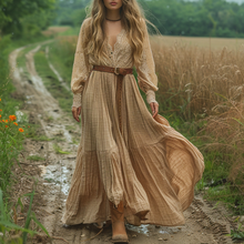 Load image into Gallery viewer, Women's Retro V-neck Country Pastoral Linen Style Long-sleeve Casual Maxi Long Dress