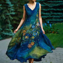 Load image into Gallery viewer, Vintage Oil Floral Embroidered Art Comfy V Neck Linen Maxi Dress