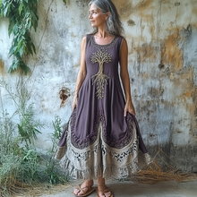 Load image into Gallery viewer, Women's Vintage Tribal Tree Of Life Patchwork Linen Blend Midi Dress