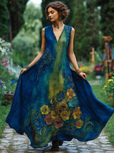 Load image into Gallery viewer, Vintage Oil Floral Embroidered Art Comfy Linen Maxi Dress