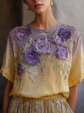 Load image into Gallery viewer, Elegant Boho Purple Roses Embroidered Gradient Linen T Shirt