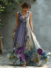 Load image into Gallery viewer, Retro Gradient Purple Floral Embroidery Sleeveless V-neck Dress