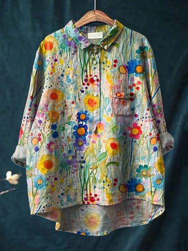 Women's Vintage Lovely Floral Birds Art Print Casual Cotton And Linen Shirt