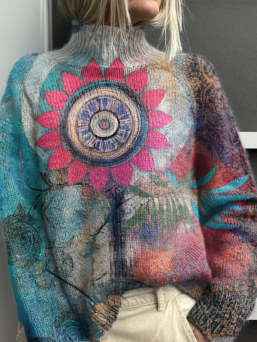 Vintage Abstract Flowers Print Knit Turtleneck Pullover Sweater