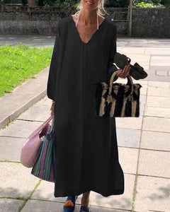 Casual Vintage Pure Color V Neck Linen Cotton Dress