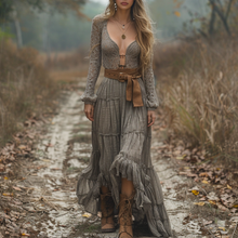 Load image into Gallery viewer, Women's Retro V-neck Country Pastoral Linen Style Long-sleeve Casual Maxi Long Dress