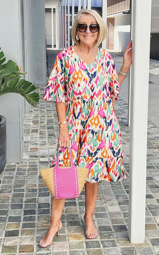 Chic Bell Sleeve V-neck Tunic Dress with Elegant Prints