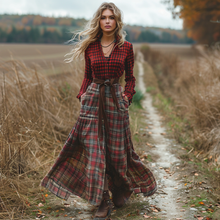 Load image into Gallery viewer, Women's Retro V-neck Plaid Long-sleeve Bohemian Pastoral Style Maxi Long Dress