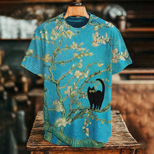 Load image into Gallery viewer, Men's Oil Painting Art Floral Black Cat Print Casual T-shirt