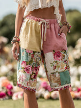 Load image into Gallery viewer, Women's Bohemian Patchwork Rose Contrast Belt Pocket Shorts