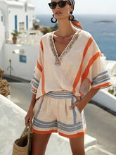 Load image into Gallery viewer, Women's Casual Vacation V-neck Striped Print Top and Shorts Two-piece Set