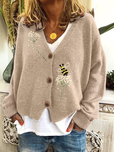 Floral Bee Knit Pattern Casual Cardigan