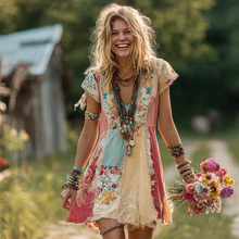Load image into Gallery viewer, Women's Floral Patchwork Art Short-sleeved V-neck Dress