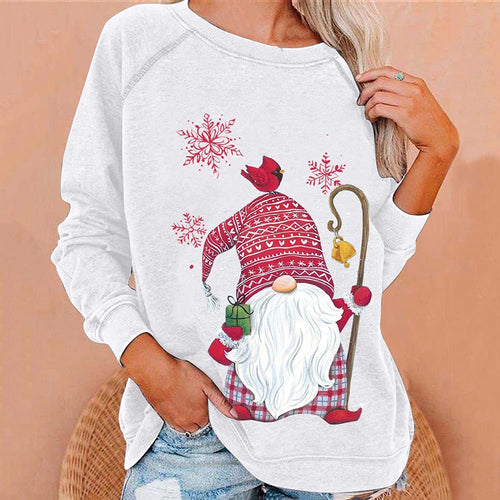 Ladies Winter Autumn Christmas Faceless dwarf Print Tops Elegant Loose Long Sleeve O-neck Thin Pullover T-shirt Women's Blouse