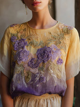Load image into Gallery viewer, Vintage Purple Roses Embroidered Gradient Linen T Shirt