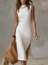 Load image into Gallery viewer, Stand-collar Split-hem Cotton And Linen Midi Dress
