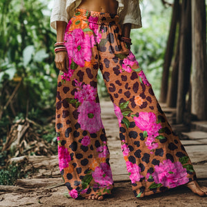 Vintage Floral Leopard Print Loose Wide-leg Pants