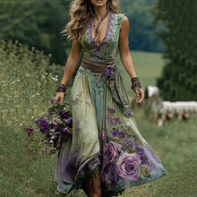 Load image into Gallery viewer, Vintage Purple Floral V Neck Sleeveless Maxi Dress