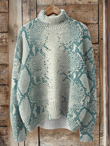 Vintage Pattern Art Print Knit Turtleneck Pullover Sweater