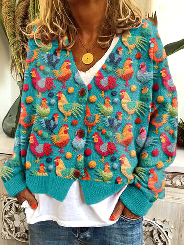 Funny Chicken Embroidery Art Casual Cozy Knit Cardigan