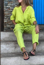 Load image into Gallery viewer, Casual Solid Color V-Neck Shirt &amp; Pants Cotton Linen Two-Piece Set