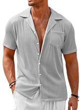 Load image into Gallery viewer, Men's Cuban Collar Pocket Solid Color Vertical Striped Pocket Short-sleeved Shirt
