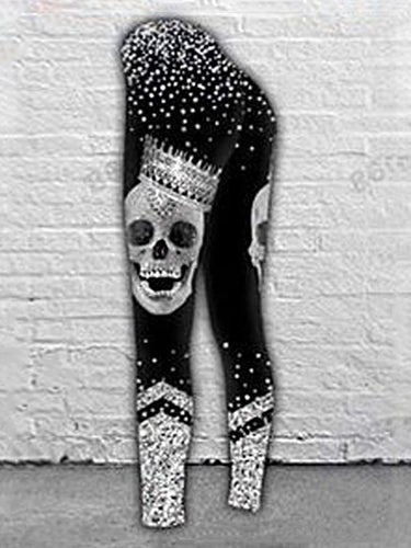 Women's Shiny Skull Crown Print Leggings