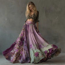 Load image into Gallery viewer, Boho Purple Roses Embroidered Floral Patchwork Flowy Wide Skirt