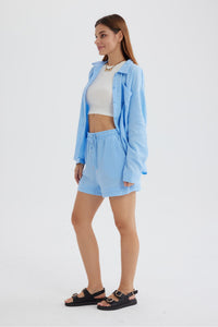 Long Sleeve Solid Color Shirt Shorts Set