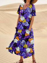 Load image into Gallery viewer, Multicolor Pansy Floral Repeat Pattern Printed Women's Linen Pocket Dress