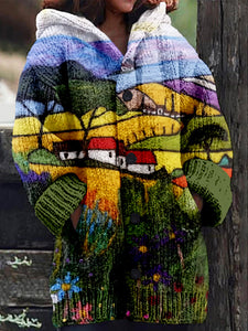 Village Landscape Felt Art Pattern Cozy Hooded Cardigan