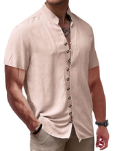 Load image into Gallery viewer, Men's Summer Retro Solid Color Stand Collar Button-Down Short Sleeve Shirt