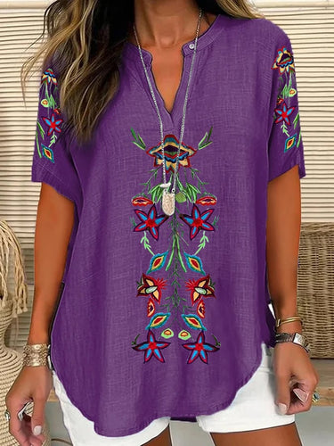 Women's Embroidered Printed V-Neck Loose Short-Sleeved Top