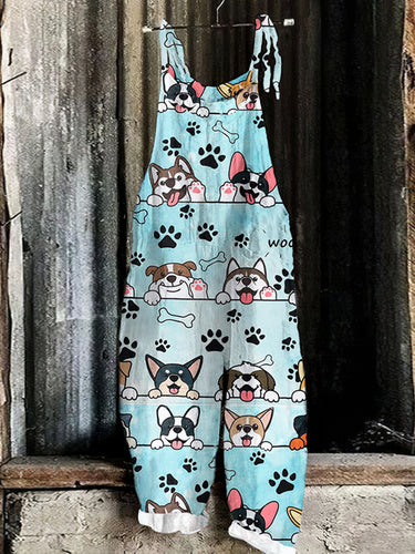 Vintage Lovely Dog Print Loose Jumpsuit